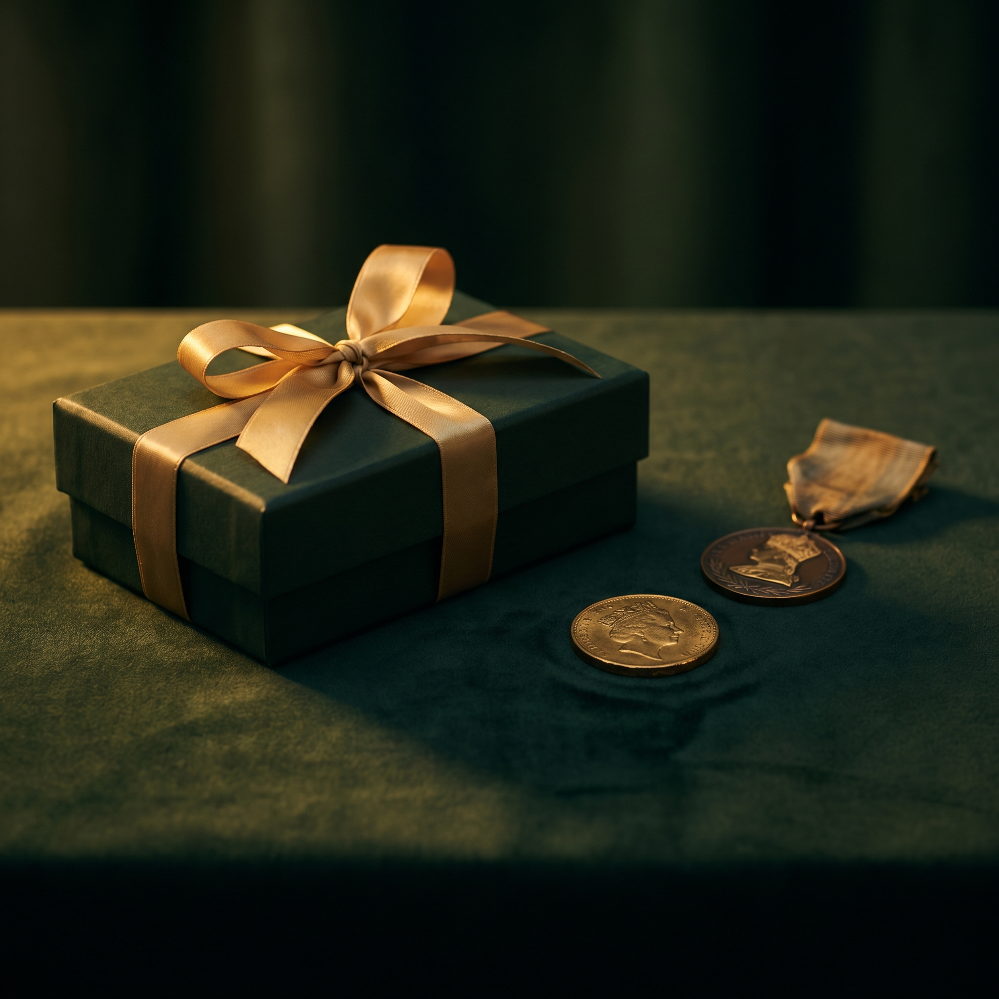 Elegancki prezent kolekcjonerski - pudełko ze złotą wstążką, moneta i medal
